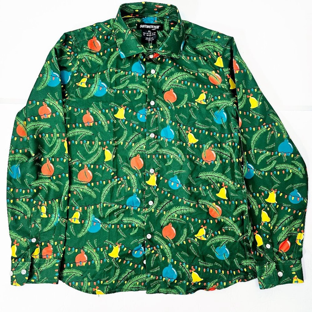 Suitmeister Boys Green Christmas Tree Long Sleeve Button Front Shirt Size XL NWT